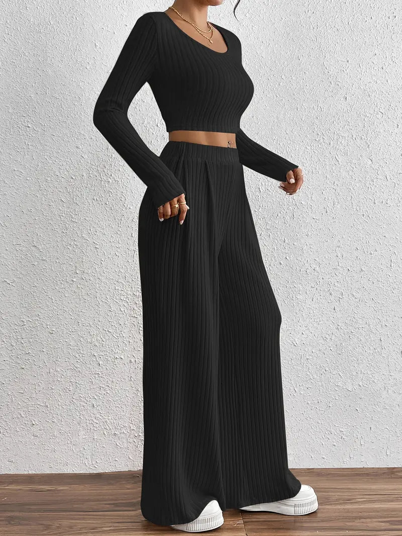 Stylish Ribbed Long Sleeve T-Shirt & Wide Leg Pants