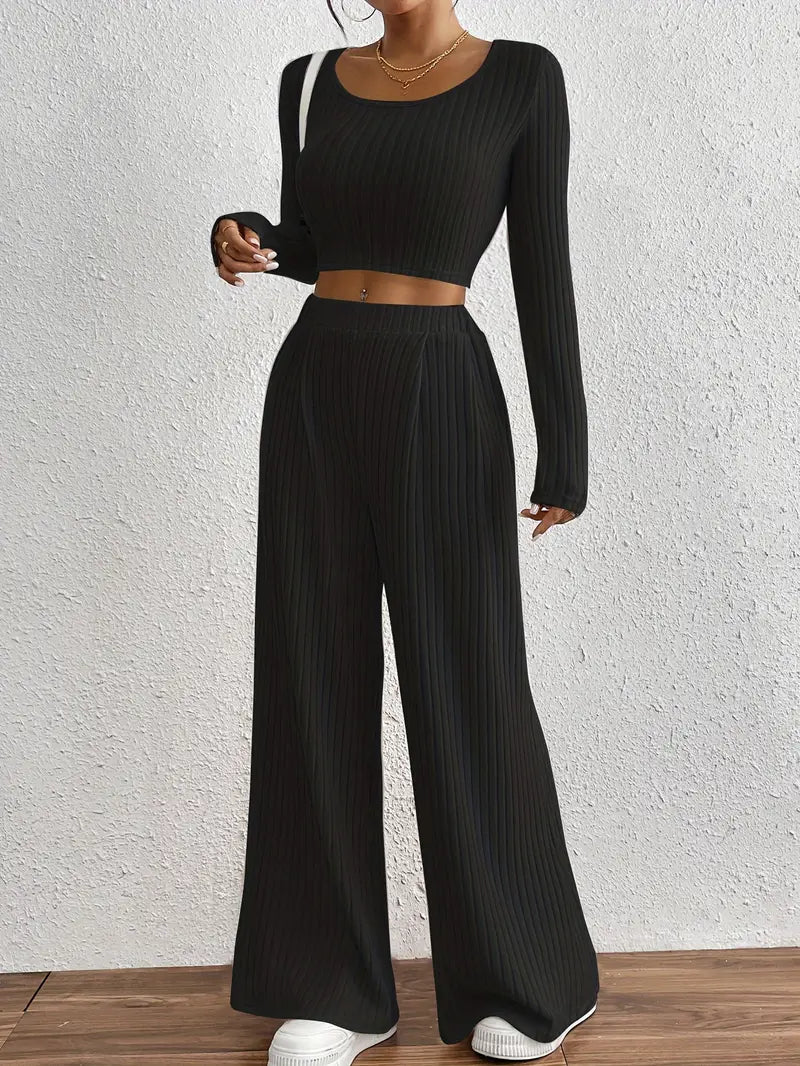 Stylish Ribbed Long Sleeve T-Shirt & Wide Leg Pants