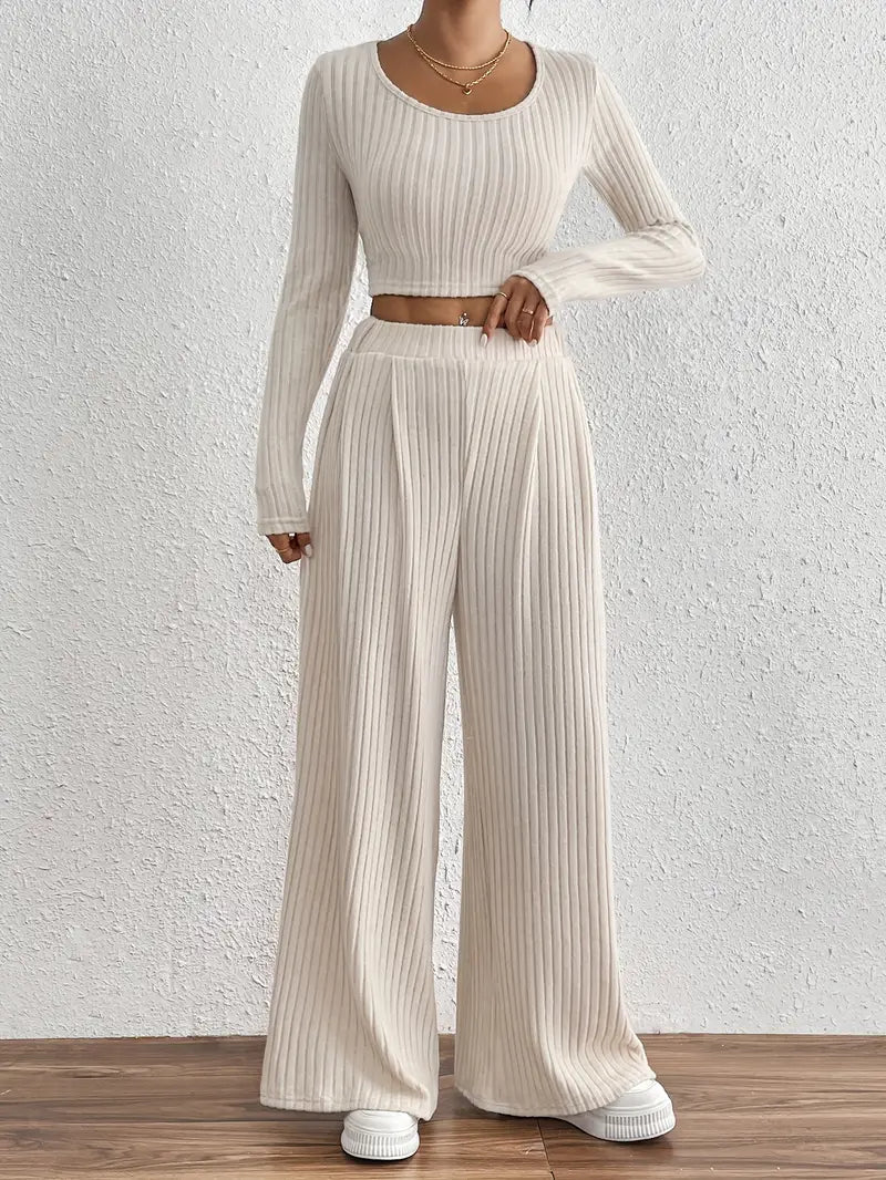 Stylish Ribbed Long Sleeve T-Shirt & Wide Leg Pants