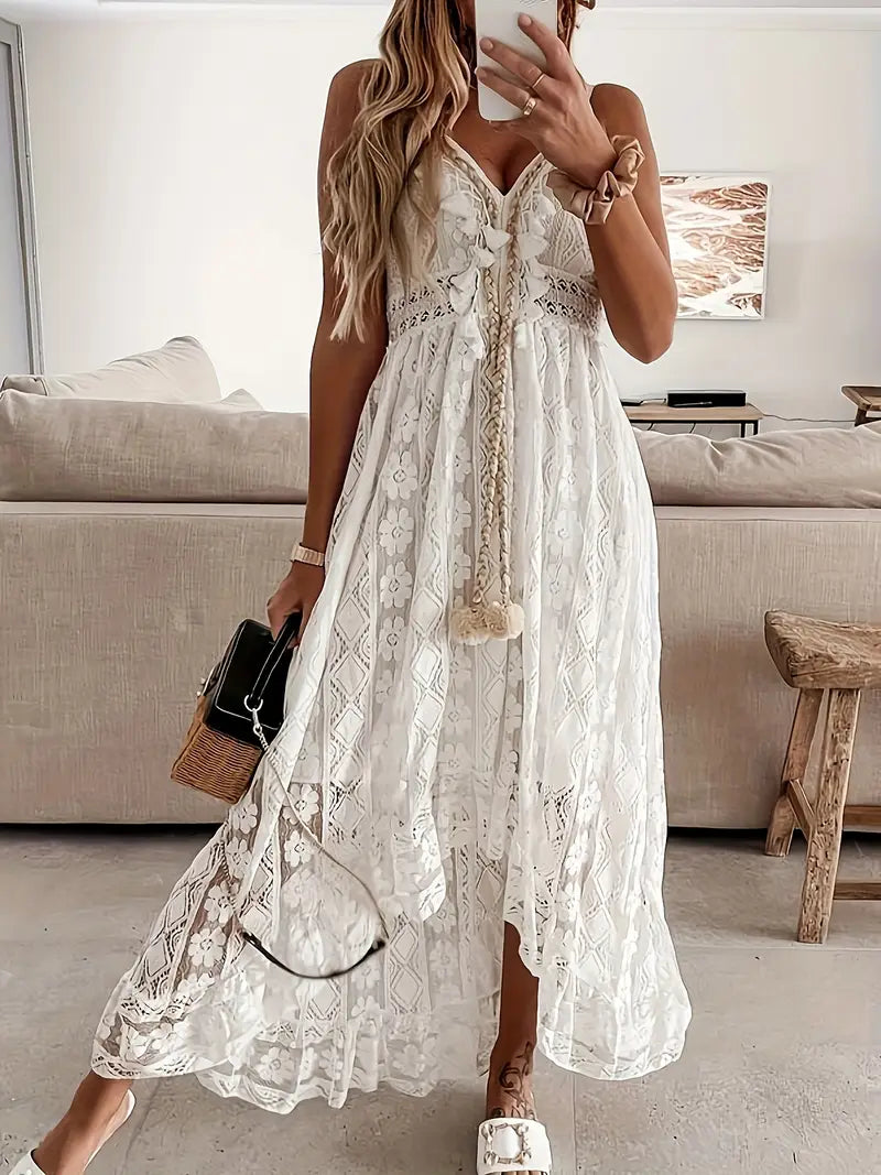 Elegant V-Neck Maxi Dress with Contrast Lace Detail