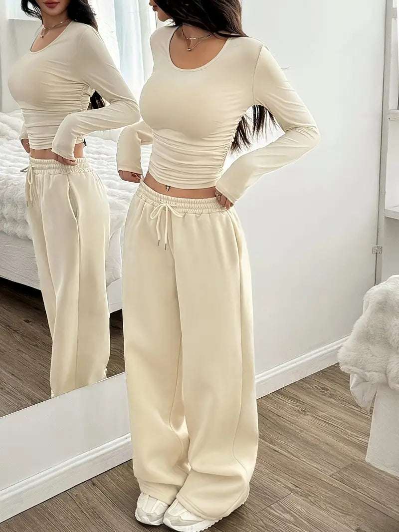 Round Neck Short T-Shirt And Wide-Leg Drawstring Waist Pants Set