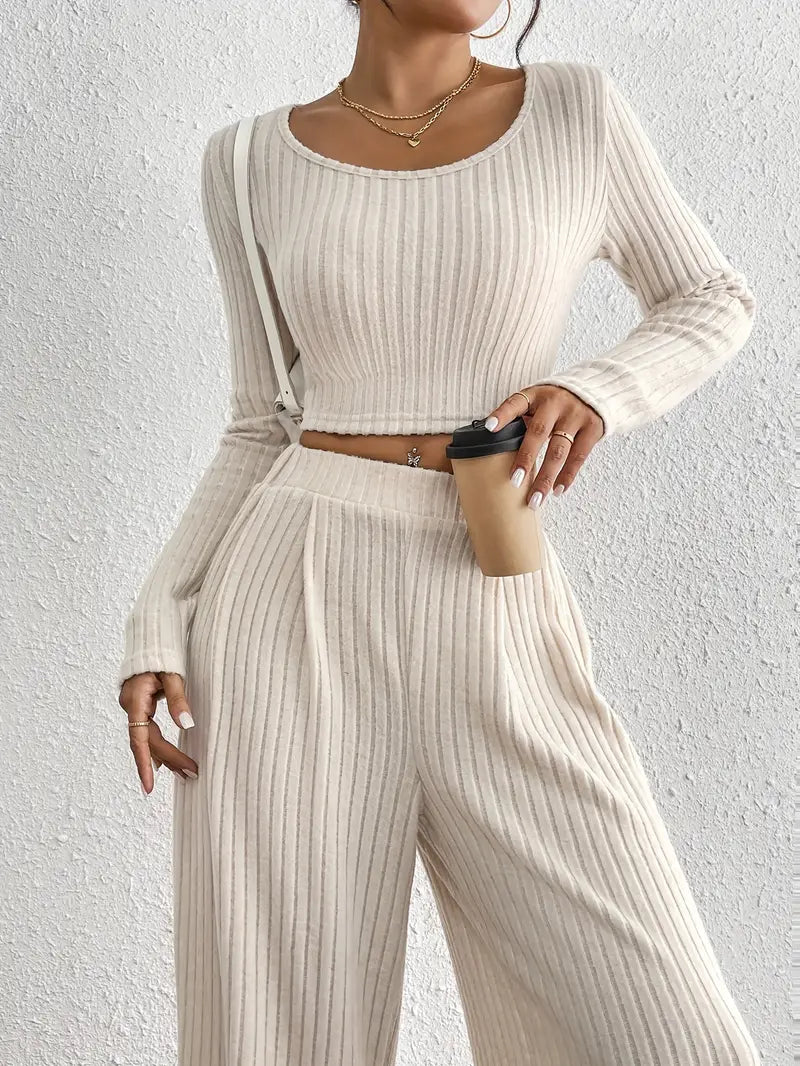 Stylish Ribbed Long Sleeve T-Shirt & Wide Leg Pants