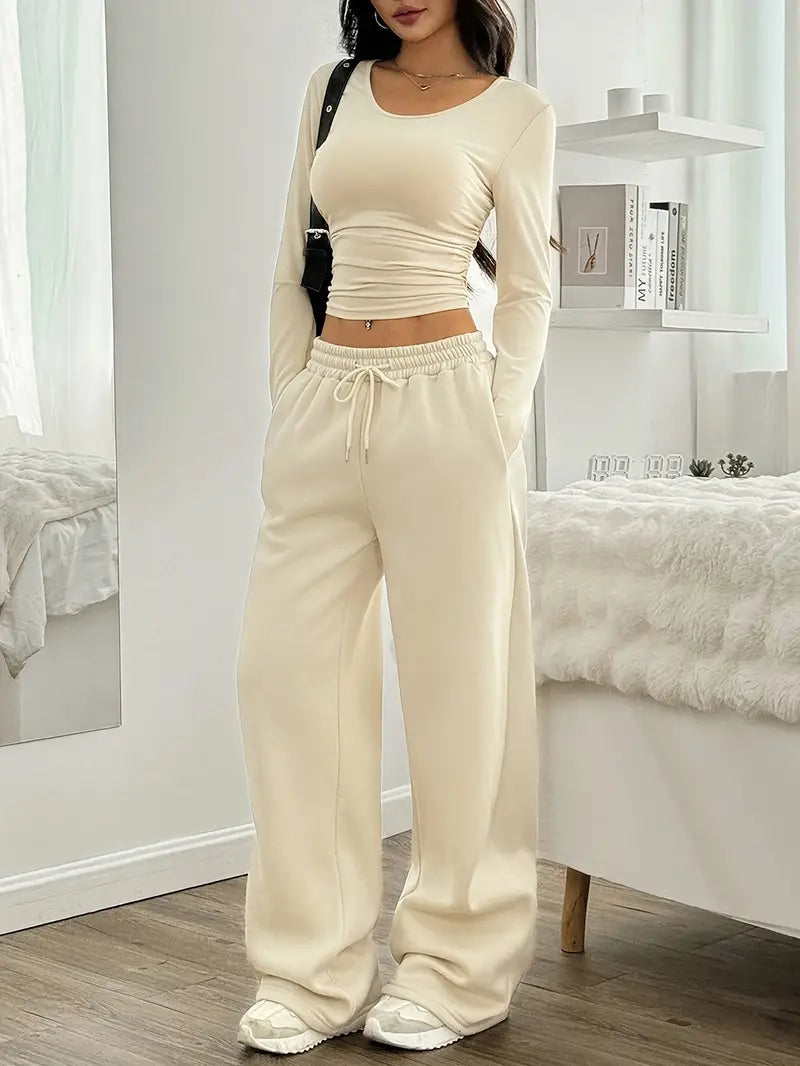 Round Neck Short T-Shirt And Wide-Leg Drawstring Waist Pants Set