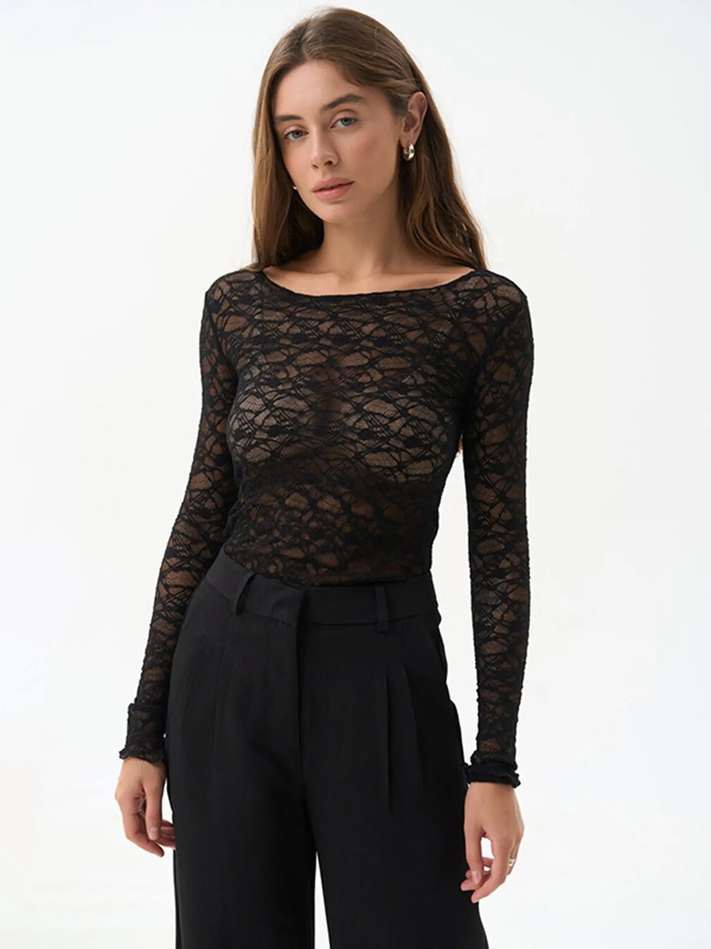 Chic Sheer Mesh Long Sleeve Slim Fit Top for Women
