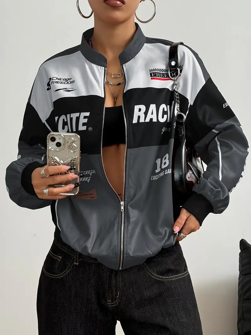 Vintage-Inspired Letter Print Bomber Jacket