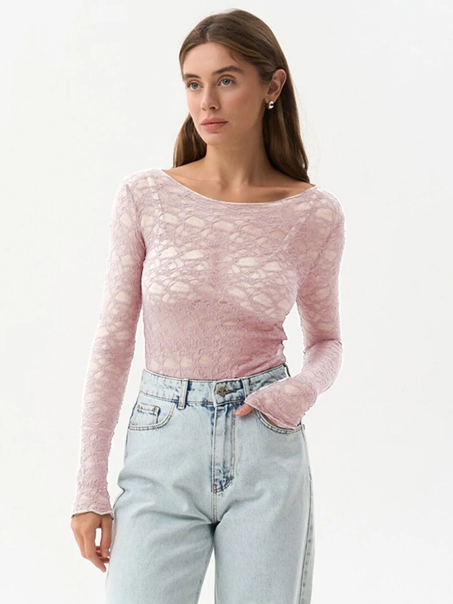 Chic Sheer Mesh Long Sleeve Slim Fit Top for Women
