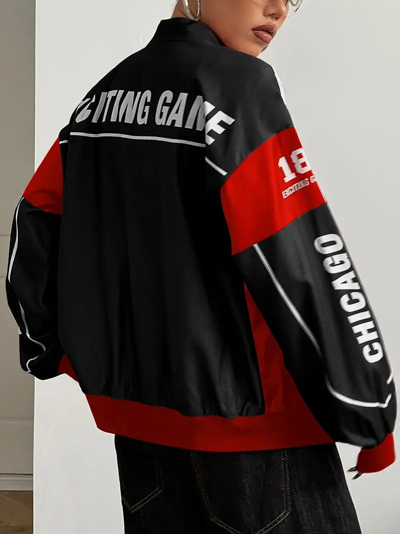 Vintage-Inspired Letter Print Bomber Jacket