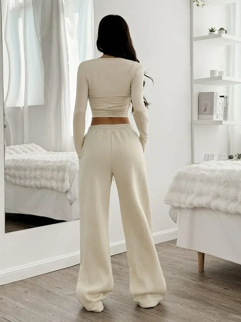 Round Neck Short T-Shirt And Wide-Leg Drawstring Waist Pants Set