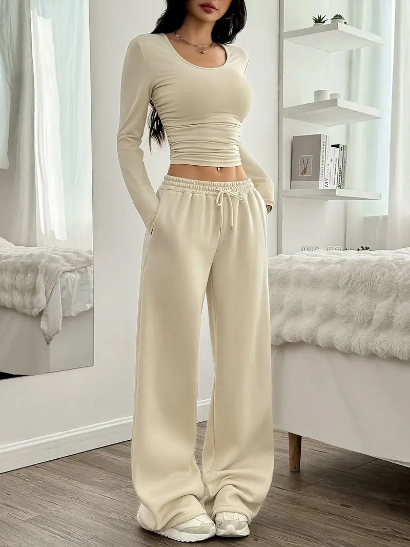 Round Neck Short T-Shirt And Wide-Leg Drawstring Waist Pants Set