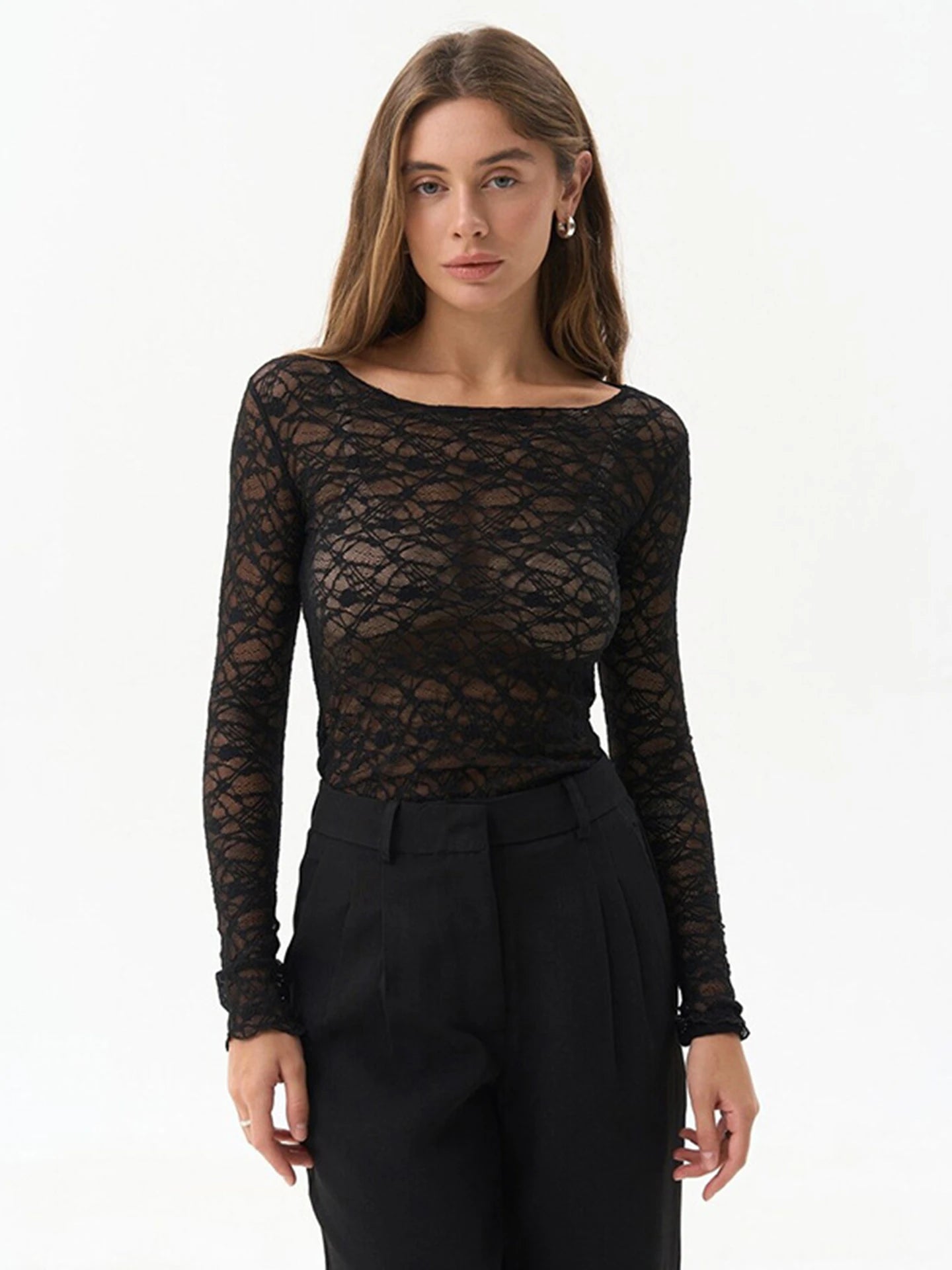 Chic Sheer Mesh Long Sleeve Slim Fit Top for Women
