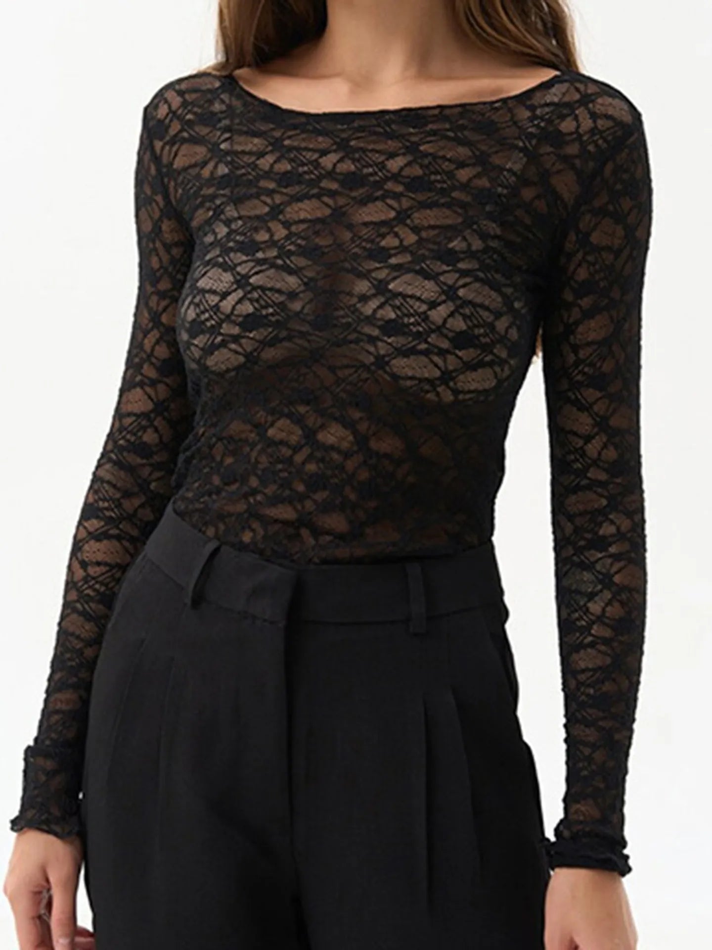 Chic Sheer Mesh Long Sleeve Slim Fit Top for Women