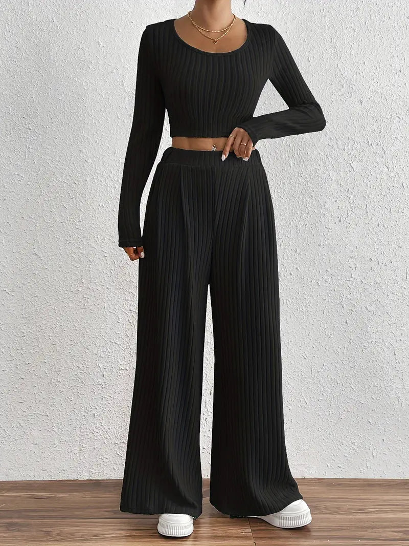 Stylish Ribbed Long Sleeve T-Shirt & Wide Leg Pants