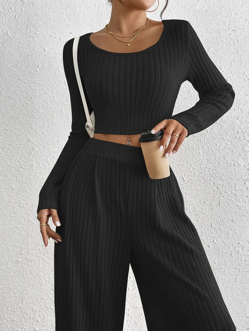 Stylish Ribbed Long Sleeve T-Shirt & Wide Leg Pants