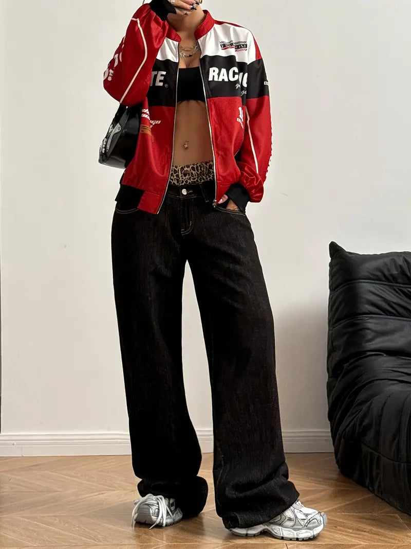Vintage-Inspired Letter Print Bomber Jacket