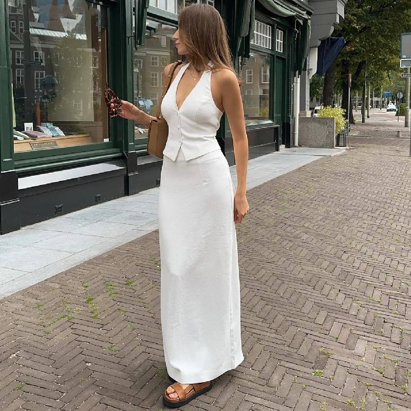 Elegant White V-Neck Halter Top and Maxi Skirt