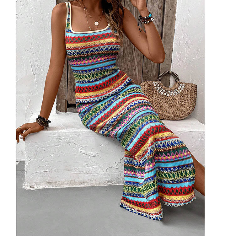 Striped Pattern Square Neck Tank Dress