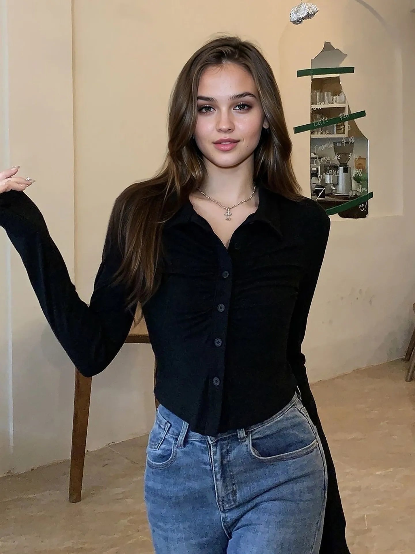 Elegant Darted Placket Blouse - Stylish Textured Polyester Long Sleeve Top