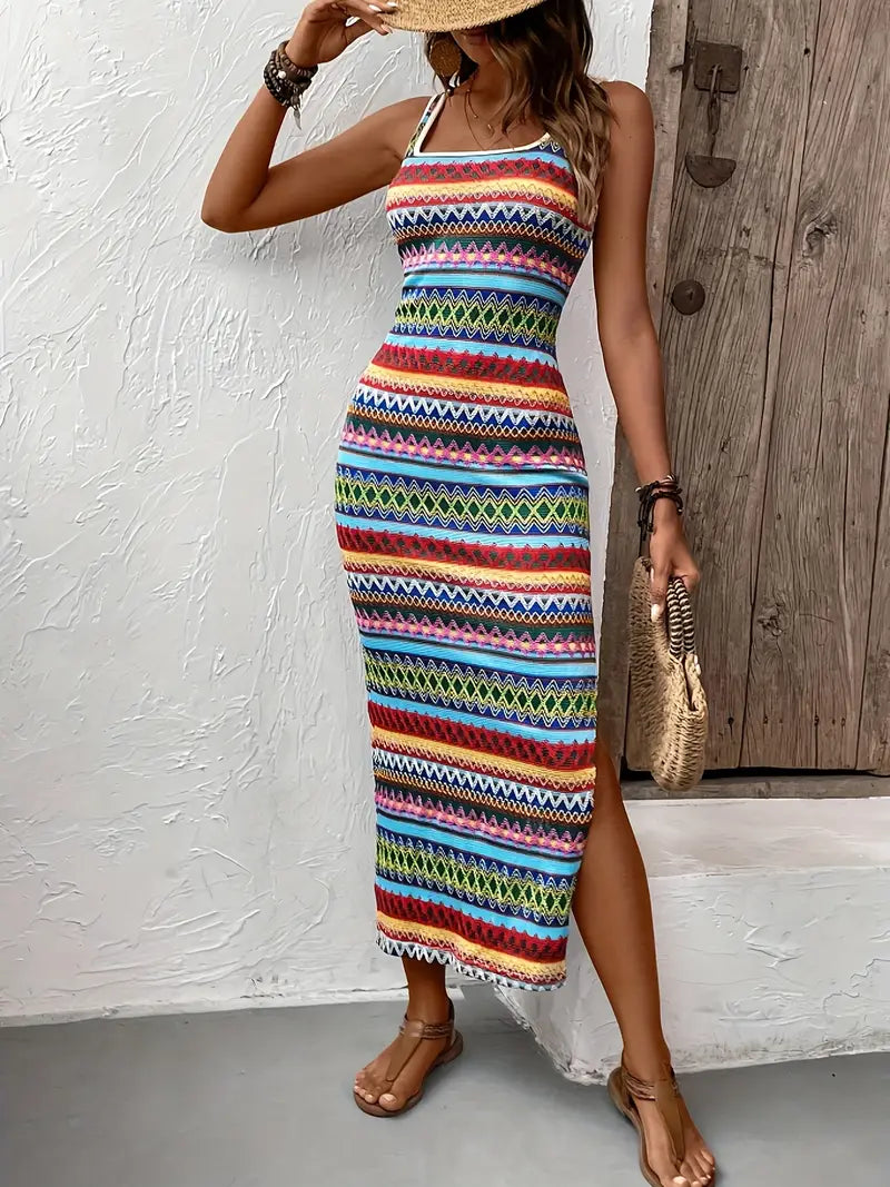 Striped Pattern Square Neck Tank Dress