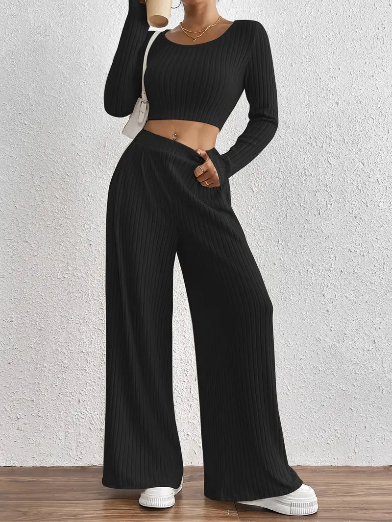Stylish Ribbed Long Sleeve T-Shirt & Wide Leg Pants