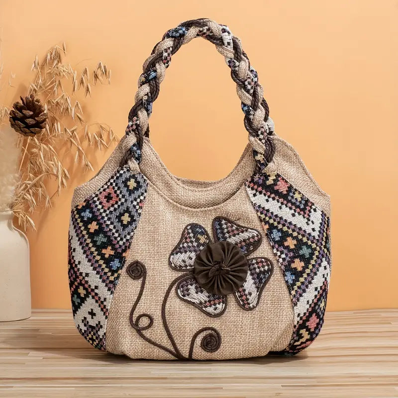 Vintage Floral Embroidered Tote Bag, Retro Ethnic Style Hobo Bag