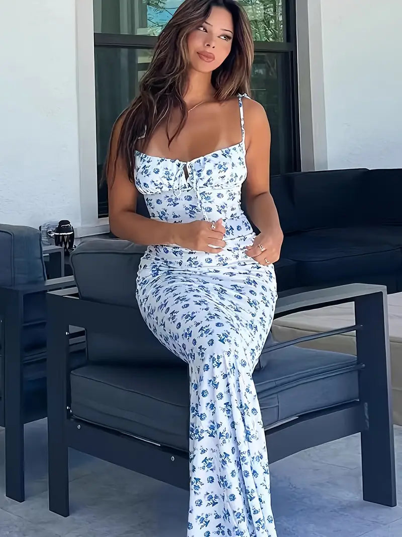 Floral Print Mermaid Dress with Spaghetti Straps