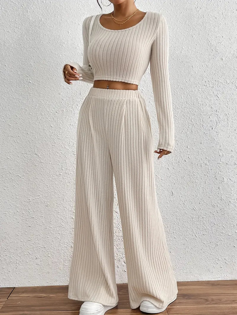 Stylish Ribbed Long Sleeve T-Shirt & Wide Leg Pants