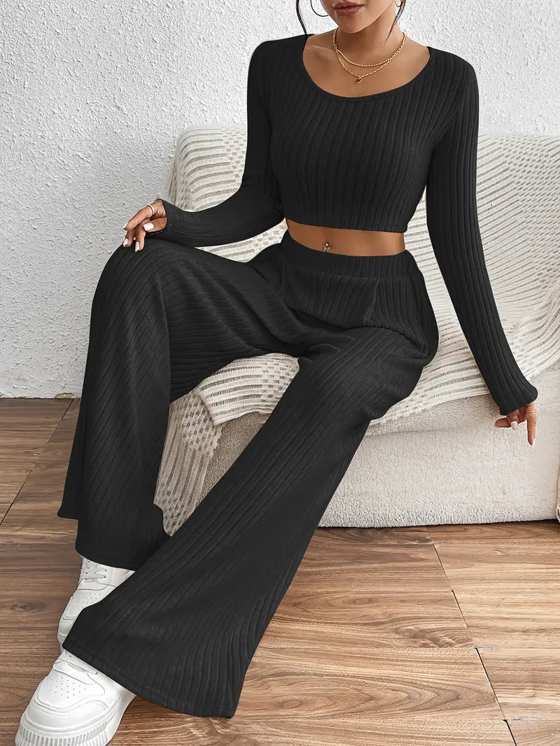 Stylish Ribbed Long Sleeve T-Shirt & Wide Leg Pants