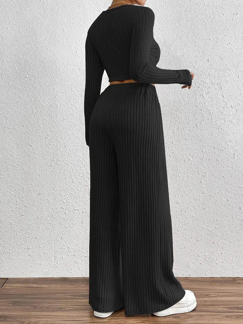 Stylish Ribbed Long Sleeve T-Shirt & Wide Leg Pants