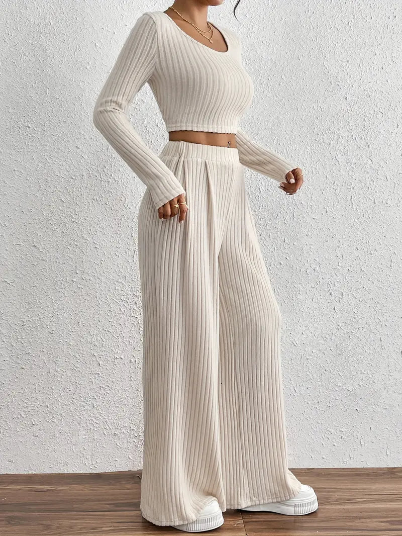 Stylish Ribbed Long Sleeve T-Shirt & Wide Leg Pants