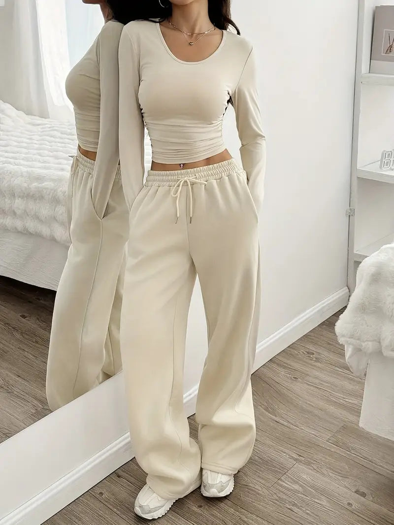 Round Neck Short T-Shirt And Wide-Leg Drawstring Waist Pants Set