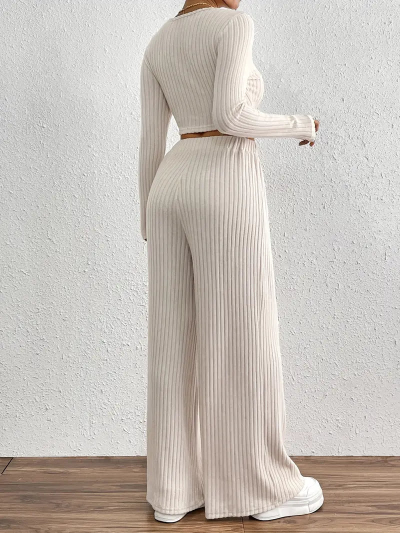 Stylish Ribbed Long Sleeve T-Shirt & Wide Leg Pants